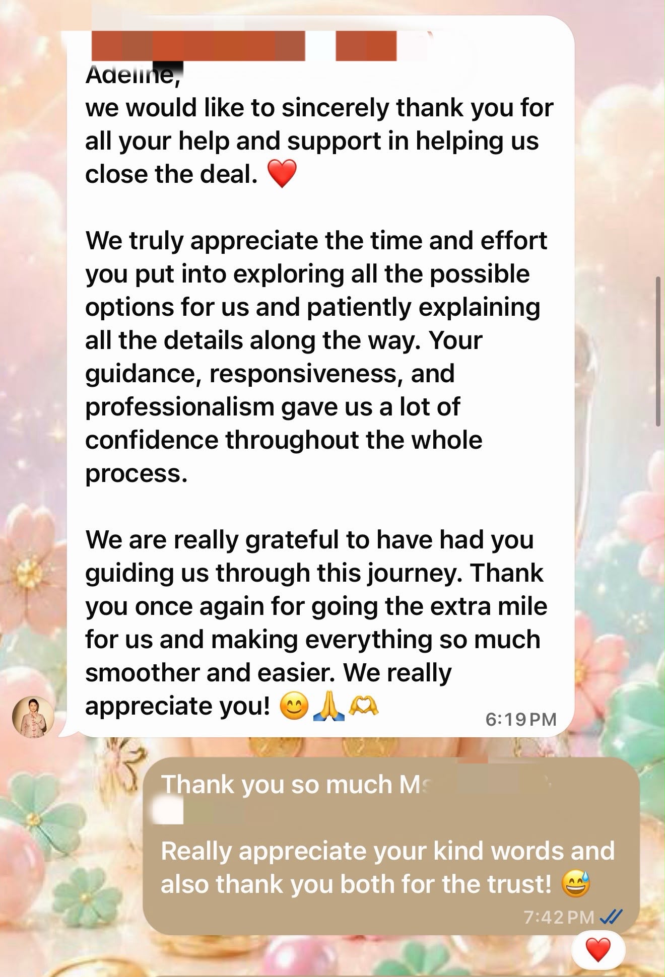 Client message thanking Adeline for her help, patience, guidance, responsiveness and professionalism in closing their deal