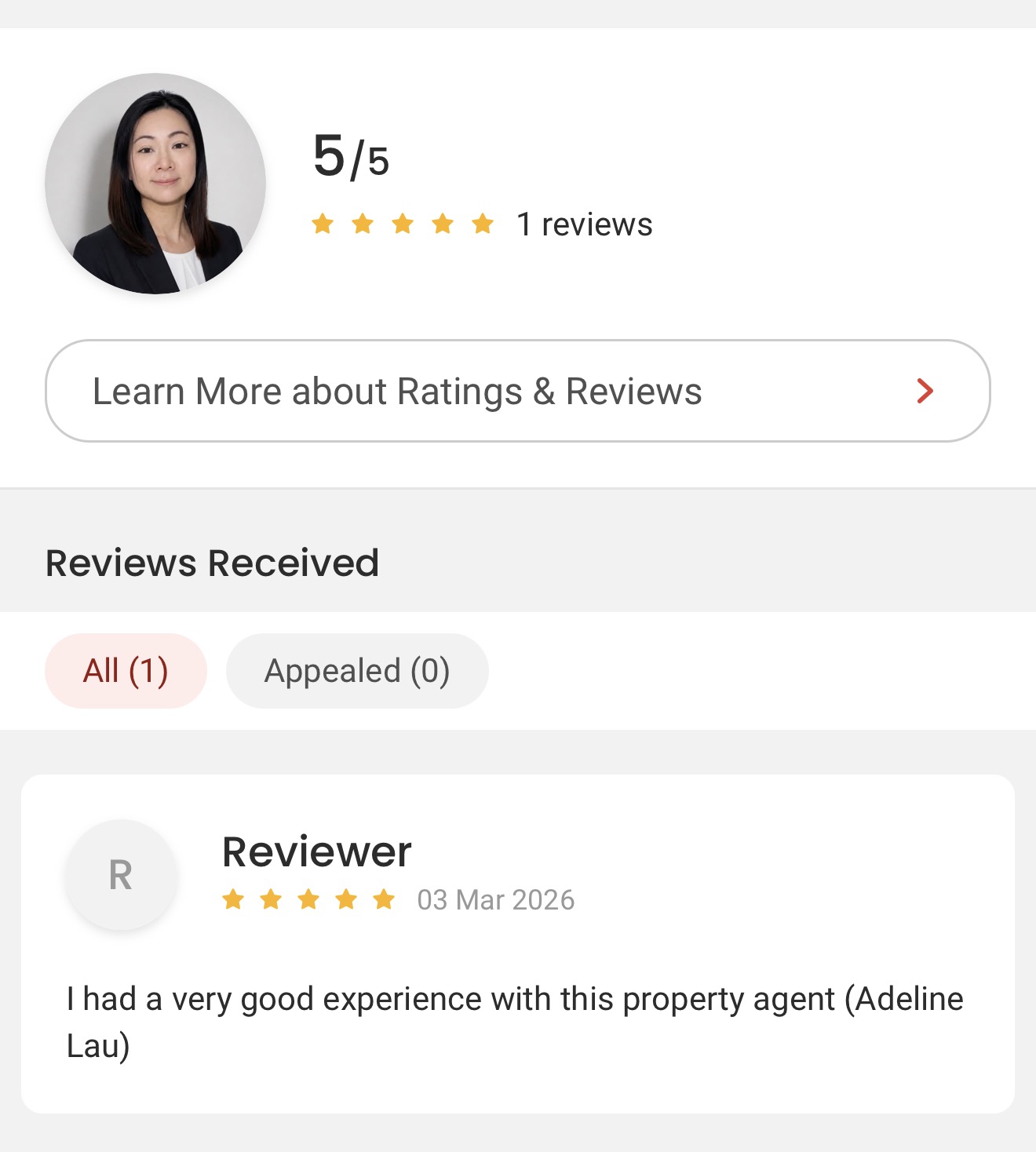 Five-star client review dated 3 March 2026: “I had a very good experience with this property agent (Adeline Lau)”